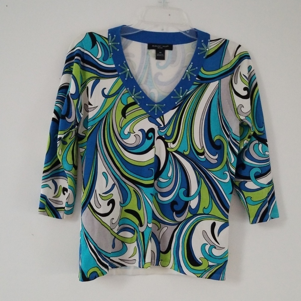 August Silk Petite Abstract Knit beaded Top